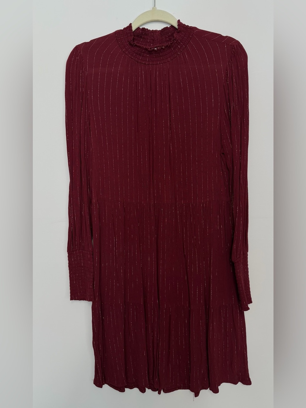 Knox Rose Burgundy Metallic-Striped Long Sleeve High Neck Dress